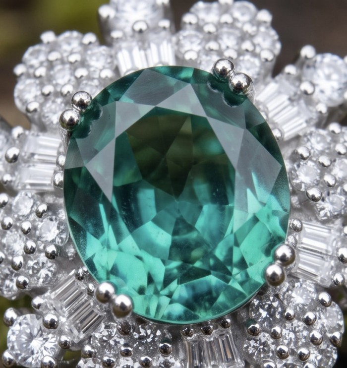Marina Blue 10.8 carat Aquamarine rhodium over .925 Sterling Silver handcrafted ring size 7 1/2 - Stone close-up of Marina Blue 10.8 carat Aquamarine with diamonds.