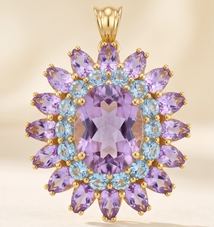 Serenity 28.8 carat Precious Amethyst .925 Sterling Silver dipped in 18K Gold handcarfted Pendant - Pendant close-up with amethyst and blue stones on sterling silver.