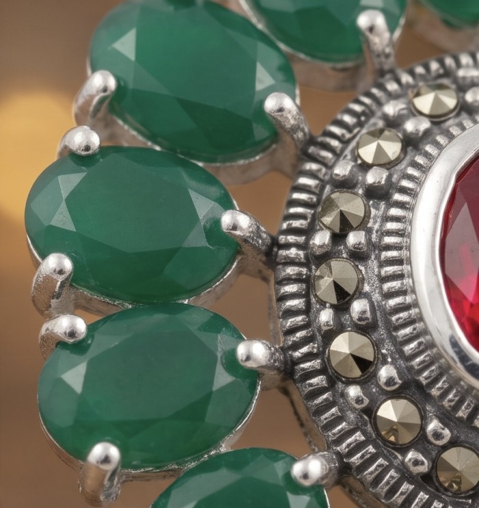 Giovanna 22.2 carat authentic Mozambique Ruby Emerald .925 Sterling Silver handmade Pendant - Close-up of Giovanna jewelry with Mozambique Ruby and Emerald stones