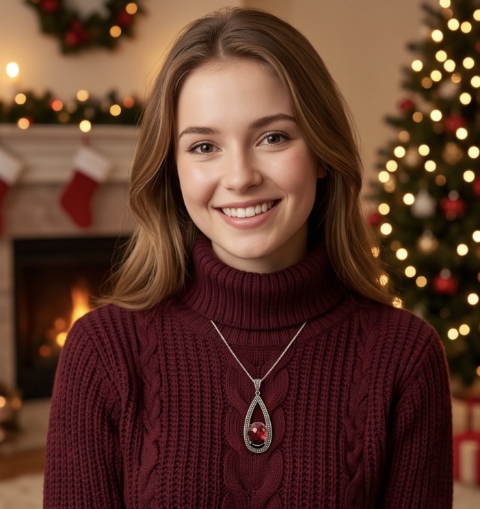 Vintage Beauty 17.9 carat genuine Garnet rhodium over .925 Sterling Silver handcrafted pendant - Garnet pendant necklace worn, holiday background, smiling model.