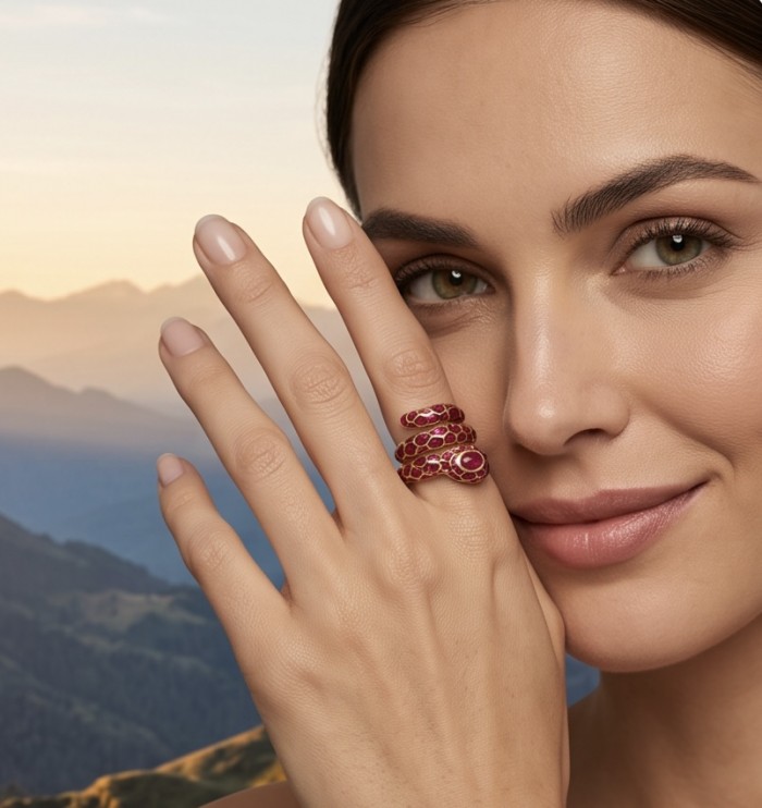 Red Snake Ruby Enamel 18K Gold over 3.5 carat Ruby 22K Gold over .925 Sterling Silver Huge handcrafted Ring s. 6 - Woman wearing Red Snake Ruby Enamel ring, hand near face, mountain backdrop