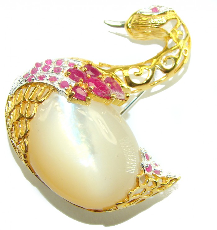 Perfect Swan Blister Pearl Ruby 18K Gold over .925 Sterling Silver handmade Pendant Brooch - Close-up of swan-shaped blister pearl ring with rubies and gold details.