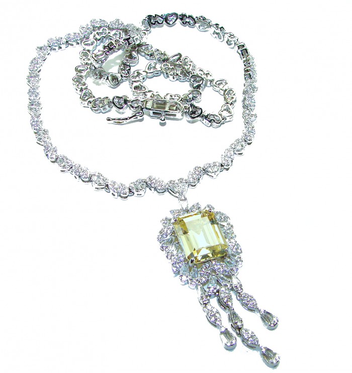 Vintage Beauty Authentic 22.5 carat Brazilian Citrine .925 Sterling Silver handcrafted 16 inches necklace - Necklace with citrine pendant, top view, showcasing heart-shaped links.