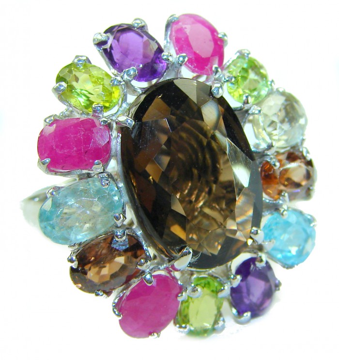 Serenity natural 28.5 carat Champagne Smoky Topaz .925 Sterling Silver HUGE Ring size 8 1/4 - Close-up of colorful gemstone ring with champagne smoky topaz centerpiece