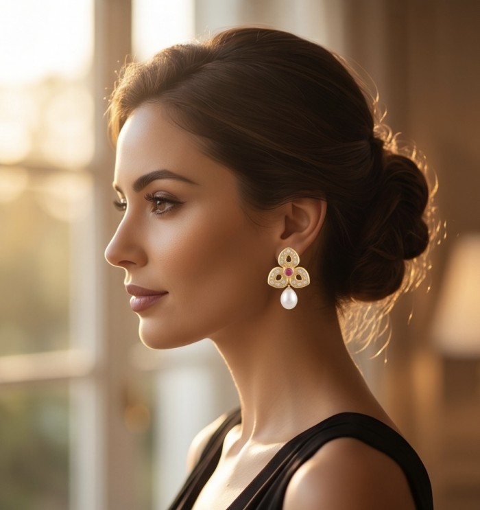 Magnificent Jewel 4.5 carat Ruby 14K Gold over .925 Sterling Silver handcrafted incredible earrings - Side view of woman wearing ruby and pearl earrings in evening light.