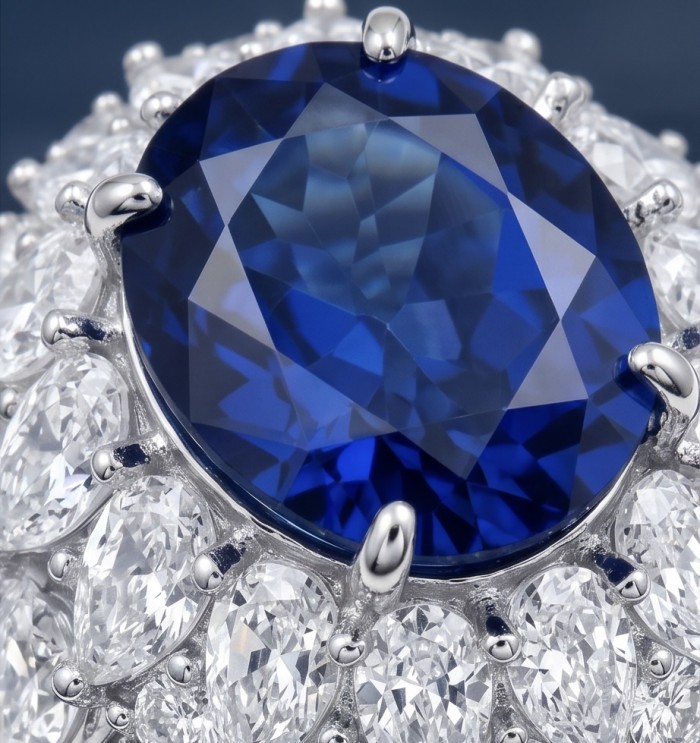 Precious Design oval cut 20.9 CARAT Tanzanite 18.4 carat Moissanite .925 Sterling Silver Statement Ring s. 9 - Close-up of oval cut 20.9 carat Tanzanite with surrounding stones.