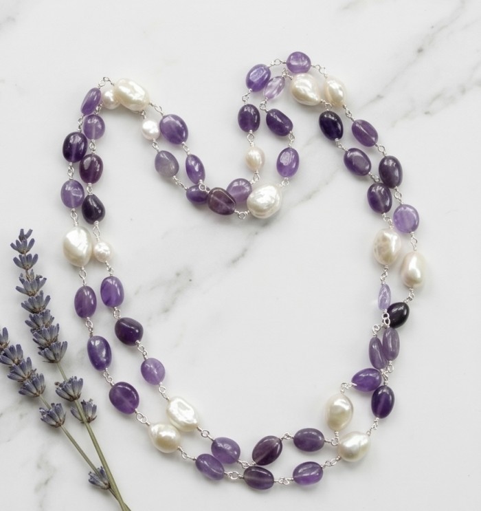 Emma 49.2 carat Natural Amethyst .925 Sterling Silver .925 Sterling Silver Necklace - Emma amethyst necklace on marble background with lavender sprig.