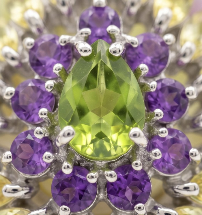 Wise Bliss Authentic 5.2 carat Peridot from Arizona .925 Sterling Silver handmade pendant - Stone close-up of Wise Bliss 5.2 carat Peridot with purple gems