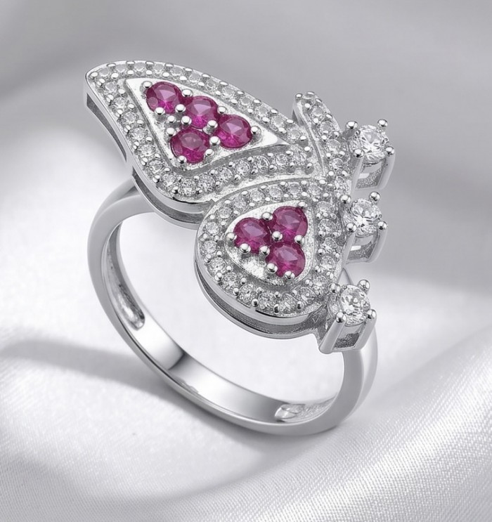 Giovanna - Authentic 1.9 carat Ruby .925 Sterling Silver dipped in rhodium handcrafted Statement Ring size 8 - Butterfly-shaped ruby ring, side view, in .925 sterling silver dip.
