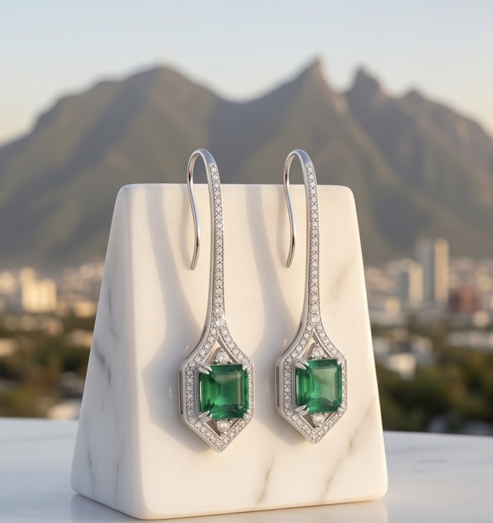Giovanna - Authentic 8.9 carat COLOMBIAN EMERALD .925 Sterling Silver dipped in 22K Gold handcrafted earrings - Elegant emerald earrings on marble stand with mountain backdrop