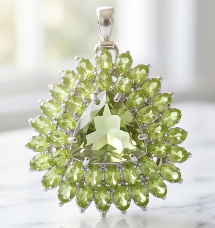 Valentina - Vintage Design Genuine 28.5 carat Peridot .925 Sterling Silver handmade Pendant Brooch - Close-up of Valentina vintage peridot pendant, front view