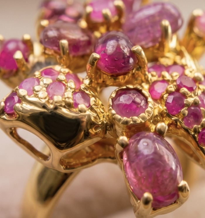 Bella Rosa Genuine 7.5 CARAT Ruby 22k Gold over .925 Sterling Silver Statement Ring size 8 1/4 - Close-up of Bella Rosa 7.5 carat ruby ring in 22k gold over sterling silver.