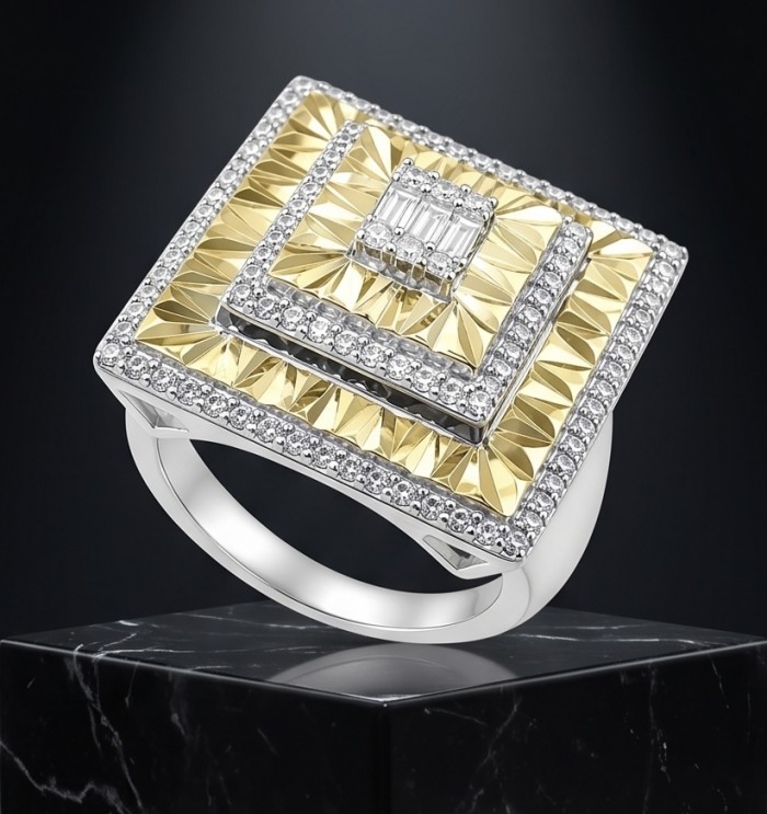 Art Deco 2.2 carat White Topaz 14K Gold over .925 Silver handcrafted Cocktail Ring s. 7 1/4 - Art Deco ring, angled view, white topaz, 14K gold over silver