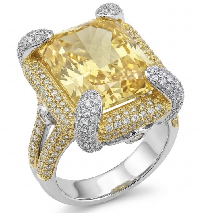 Wearable Art - Solid 27.2 carat Genuine Yellow Sapphire .925 Sterling Silver handcrafted ring size 8 - Yellow sapphire ring close-up with diamond accents