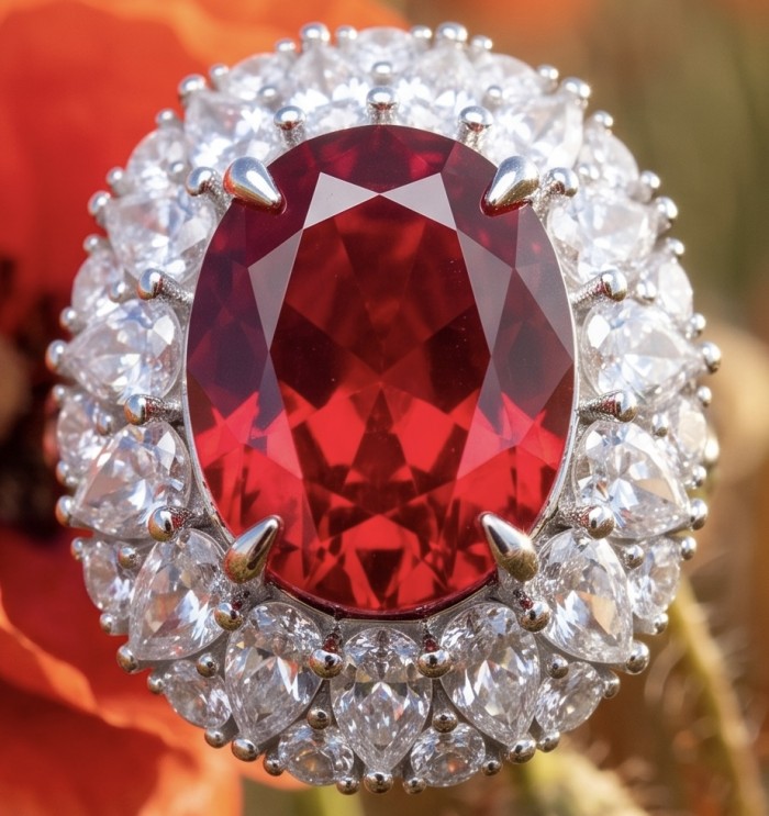 Scarlett 22.7 ctw Mozambique Ruby .925 Sterling Silver dipped in 18K WHITE Gold handcrafted Statement Ring size 5 - Close-up of Scarlett Mozambique Ruby in sterling silver setting.
