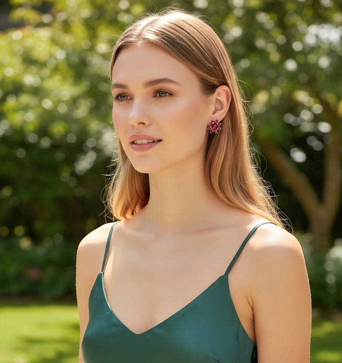 Giovanna - Magnificent Jewel 8.5 carat Mozambique Ruby 22K Rose Gold over .925 Sterling Silver handcrafted incredible earrings - Side view of woman wearing Magnificent Jewel 8.5 carat Mozambique Ruby.