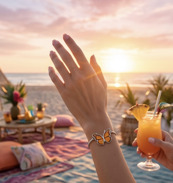 Golden Butterfly Genuine carved Baltic Amber rhodium over .925 Sterling Silver handamde Bracelet - Hand wearing Golden Butterfly Amber bracelet at beach during sunset.