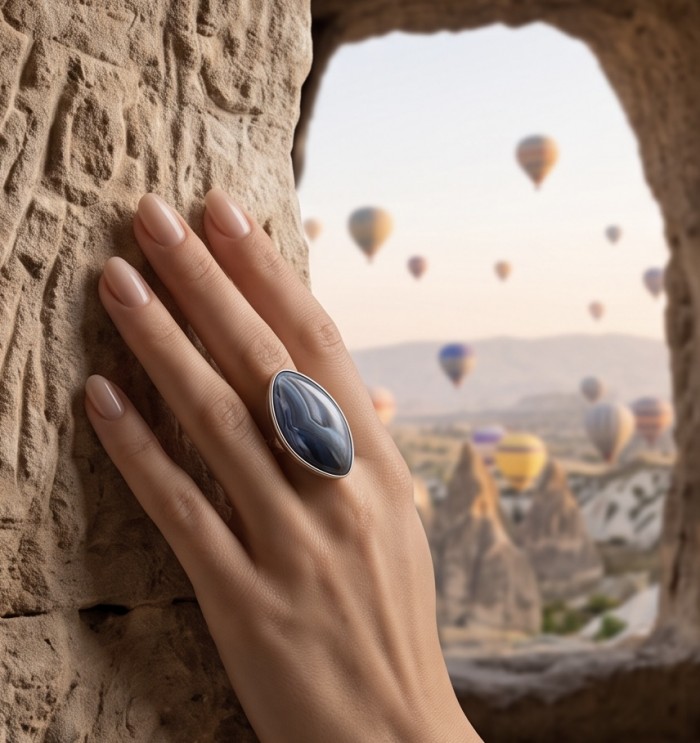 Top quality Scentic Botswana Agate .925 Sterling Silver handcrafted Ring s. 8 adjustable - Hand wearing Scentic Botswana Agate ring with hot air balloons in background.