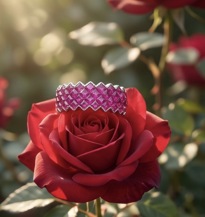 Infinity 10.7 ctw mystery setting Mozambique Ruby .925 Sterling Silver dipped in rhodium handcrafted Statement Ring size 6 1/2 - Infinity ring on rose, showing ruby stones and mystery setting details.