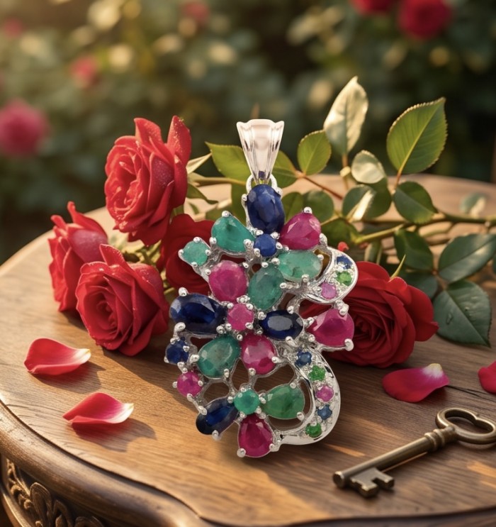 Rare creation - Deluxe 22.2 carat authentic Kashmir Ruby rhodium over .925 Sterling Silver handmade Statement Pendant - Colorful gemstone pendant with roses and key on wooden surface.