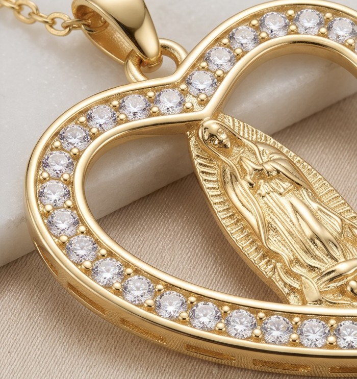 Holy Mary - Vintage design - 10K Gold over 925 Sterling Silver handcrafted Necklace - Heart pendant with Holy Mary design, gold and stones, detailed close-up.
