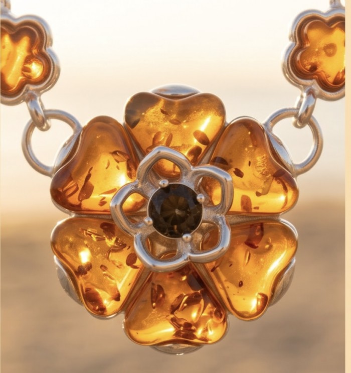 Floral design - natural Golden carved Baltic Amber .925 Sterling Silver handcrafted necklace - Close-up of floral design amber necklace with silver details