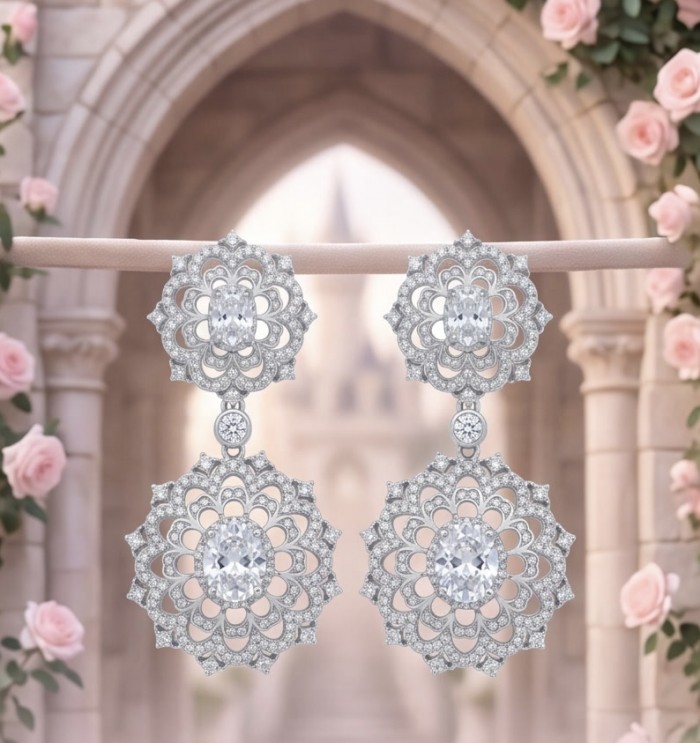 Modern design Natural 14.5 carat White Topaz rhodium over .925 Sterling Silver handcrafted earrings - Elegant white topaz earrings with floral design, front view.