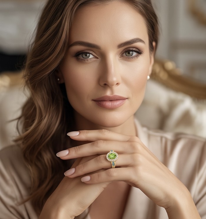 Emily 3.8 carat Peridot 18K Gold over .925 Sterling Silver Handcrafted Ring size 6 - Woman wearing Emily 3.8 carat Peridot ring, hands clasped close-up.