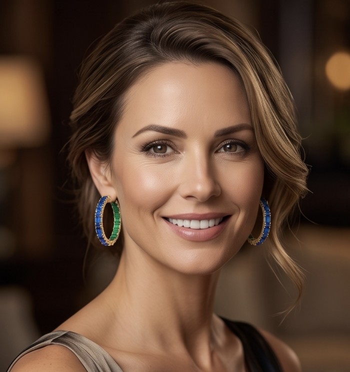 Luxurious 9.5 carat Emerald Sapphire 22K Gold over .925 Sterling Silver handcrafted inside - out earrings - Woman wearing 9.5 carat emerald sapphire hoops, side view.