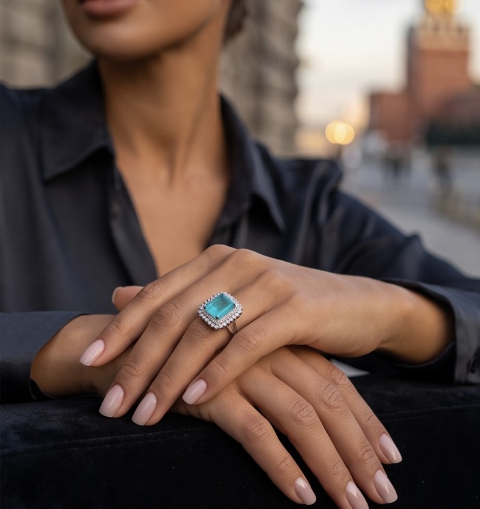 Wonderland 9.5 carat Brazilian Paraiba Tourmaline rhodium over .925 Sterling Silver Handcrafted Ring size 8 - Paraiba Tourmaline ring worn on hand, street background.