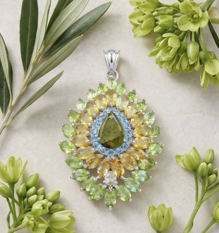 Blooming Garden 29.9 carat authentic Himalayan Peridot rhodium over .925 Sterling Silver Handcrafted Statement pendant - Blooming Garden pendant with Himalayan Peridot, top view with greenery.