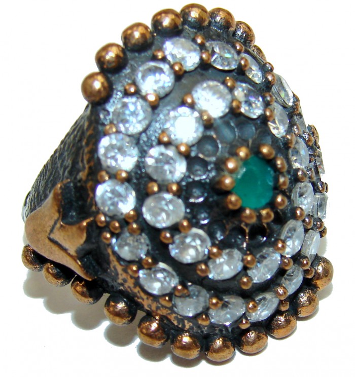 Victorian Style created Emerald & White Topaz Copper over Sterling Silver ring; s. 5 1/2 - photo 1