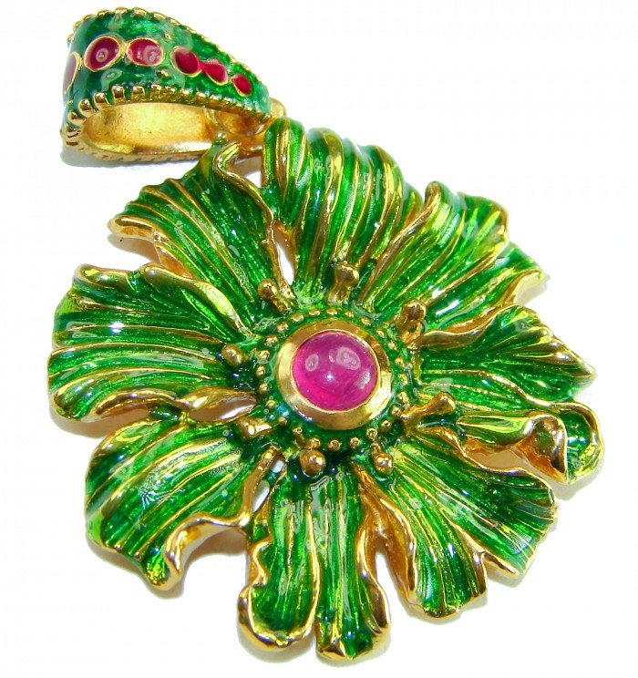 Countless Blessings Genuine 0.5 carat Authentic Ruby enamel 18K Gold over .925 Sterling Silver handmade Pendant - Flower-shaped pendant with green enamel and ruby, top view.