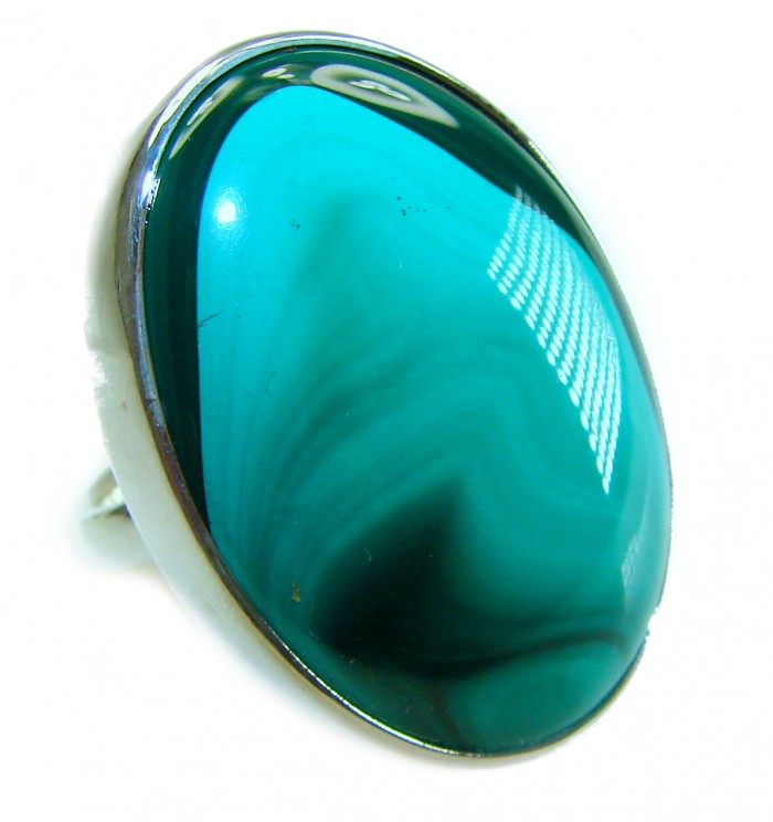 39.2 CARAT genuine Malachite from Utah .925 Sterling Silver handcrafted ring size 8 adjustable - Close-up of 39.2 carat Malachite in sterling silver setting