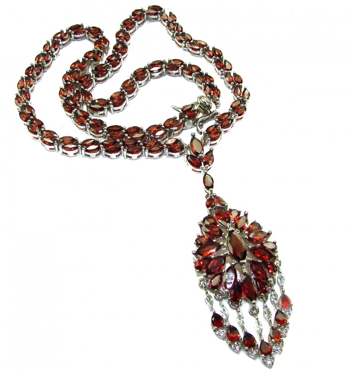 Red Royalty Authentic 185.5 carat authentic Tanzania Garnet .925 Sterling Silver brilliantly handcrafted necklace - Red gemstone necklace front view with intricate pendant detail