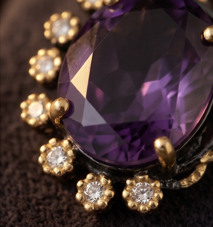 Elizabeth 25.5 carat Authentic Amethyst from Uruguay .925 Sterling Silver dipped in black rodium handcrafted Statement earrings - Close-up of Elizabeth 25.5 carat amethyst with diamond accents
