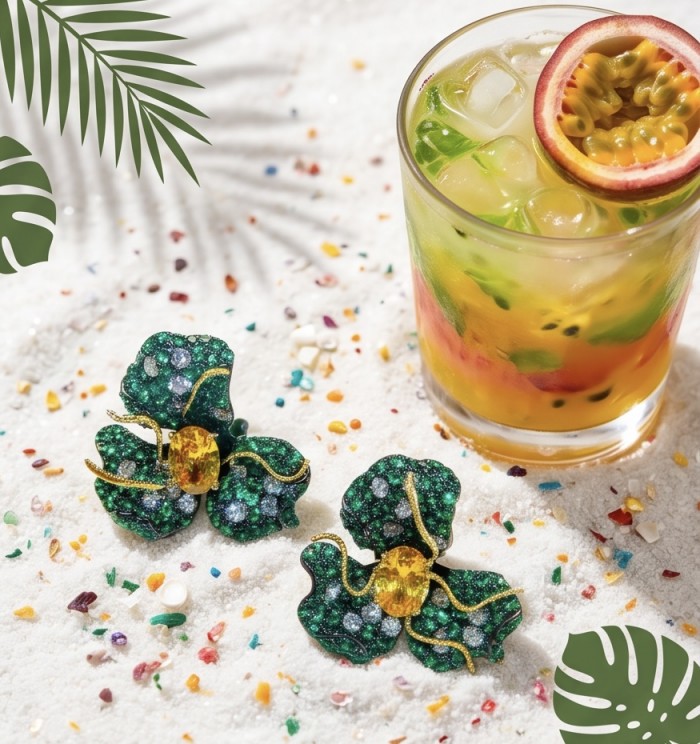 Exotica - rare art - authentic 4.9 carat Brazilian Citrine 9.2 carat Colombian Emerald 2 tones .925 Sterling Silver dipped in black rhodium handcrafted earrings - Colorful tropical scene with Exotica earrings and a fruity drink.