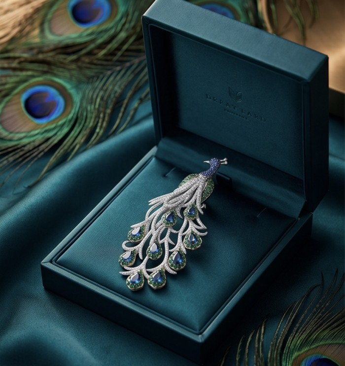 Most Incredible! - Natural 12.8 carat Sapphire Emerald Blue Peacock 2 tones 18K Gold over .925 Sterling Silver Large Brooch Pendant - Peacock brooch in box, top view; sapphire and emerald details visible.