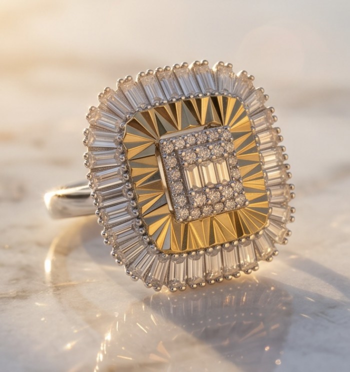 Art Deco 2.2 carat White Topaz 14K Gold over .925 Silver handcrafted Cocktail Ring s. 8 - Art Deco ring with white topaz on marble, close-up angle