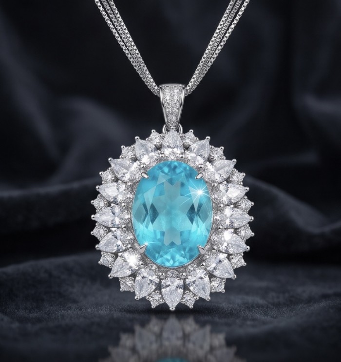 Brazilian's Briliance - oval cut 24.7 carat Paraiba Tourmaline .925 Sterling Silver handcrafted necklace - Paraiba tourmaline necklace, front view with diamond halo.