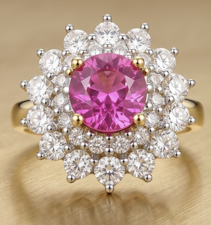 Scarlett 4.8 ctw Mozambique Ruby 22K Gold over .925 Sterling Silver handcrafted Statement Ring size 7 - Ruby and diamond ring front view, gold and silver accents