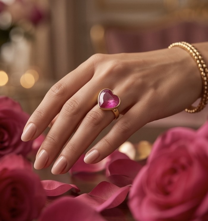 Angel's Heart Natural heart shape 18.7 carat Ruby .925 Sterling Silver dipped in 22K Gold handmade Statement Ring size 6 1/4 - Heart-shaped ruby ring worn on hand with roses in background.