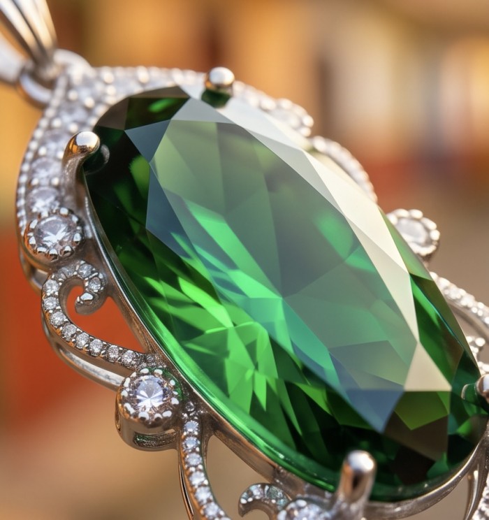 Spectacular Oval Cut 28.5 carat Natural Helenite .925 Sterling Silver handcrafted Pendant - Close-up of oval cut Helenite pendant with ornate silver detailing