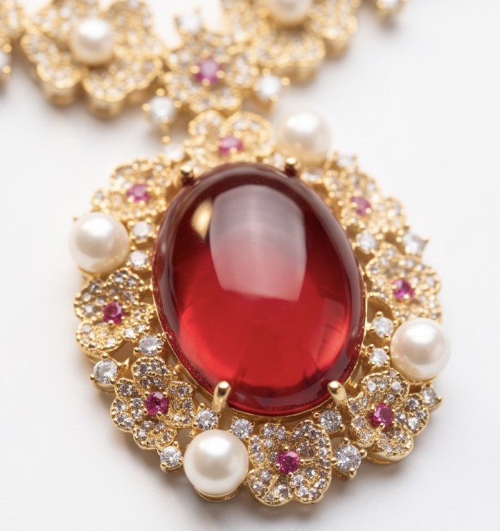 Luxurious 28.9 carat natural Mozambique Ruby 18K Gold over .925 Sterling Silver .925 Sterling Silver Statement Necklace - Close-up of Mozambique ruby and pearls in 18K gold setting.