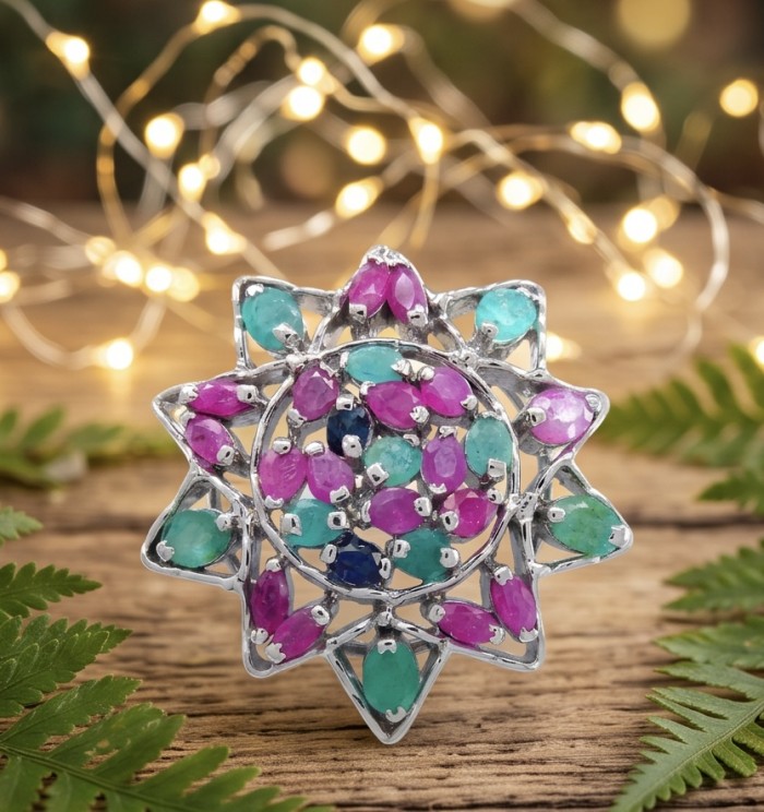 20.5 carat Authentic Kashmir Ruby Emerald Sapphire .925 Sterling Silver handcrafted Pendant and Brooch - Star-shaped gemstone brooch with rubies, emeralds, and sapphires.