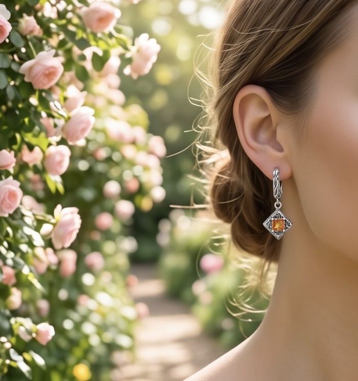 Valentina 2.5 carat Padparadscha Orange Sapphire .925 Sterling Silver handcrafted earrings - Earring with orange sapphire, worn outdoors, side view with floral background.