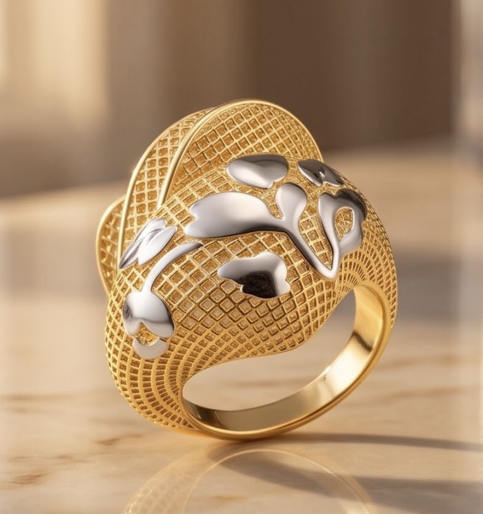 Dubai Style - .925 Sterling Silver dipped in 22K Gold handmade Large ring size 9 1/2 - Side view of Dubai Style ring, silver dipped in 22K gold, intricate design.