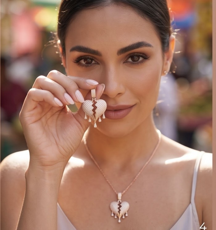 Melting Heart Luxurious 12.4 carat White Topaz 14K Gold over .925 Sterling Silver handcrafted pendant - Woman holding Melting Heart pendant, worn on neck, front view.