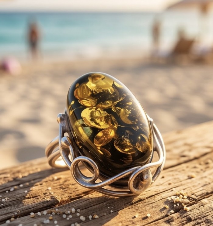 Serenity Natural Green Baltic Amber .925 Sterling Silver handmade Large Statement Ring size 9 - Close-up of Serenity Green Baltic Amber in silver setting on a beach.
