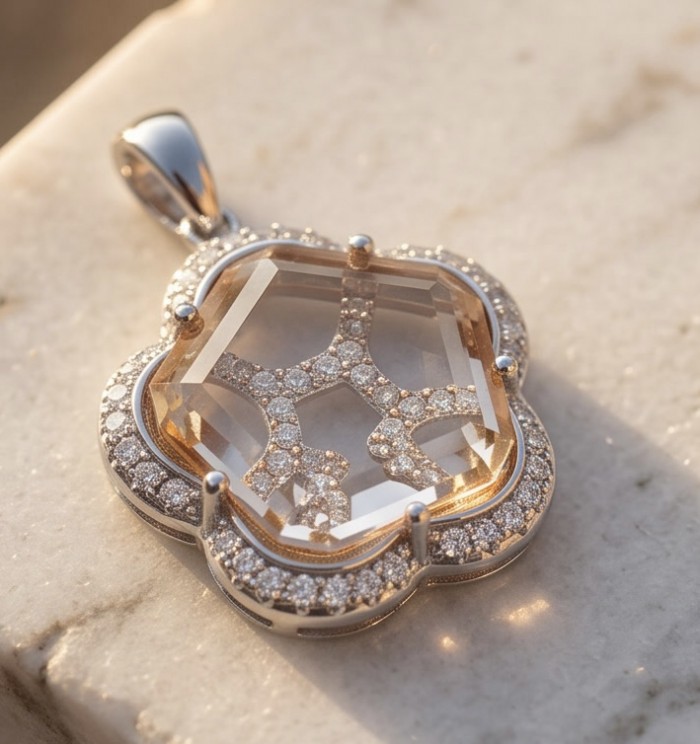 Tae Rose 8.5 carat Morganite .925 Sterling Silver handmade Pendant - Close-up of Tae Rose 8.5 carat Morganite pendant on marble surface